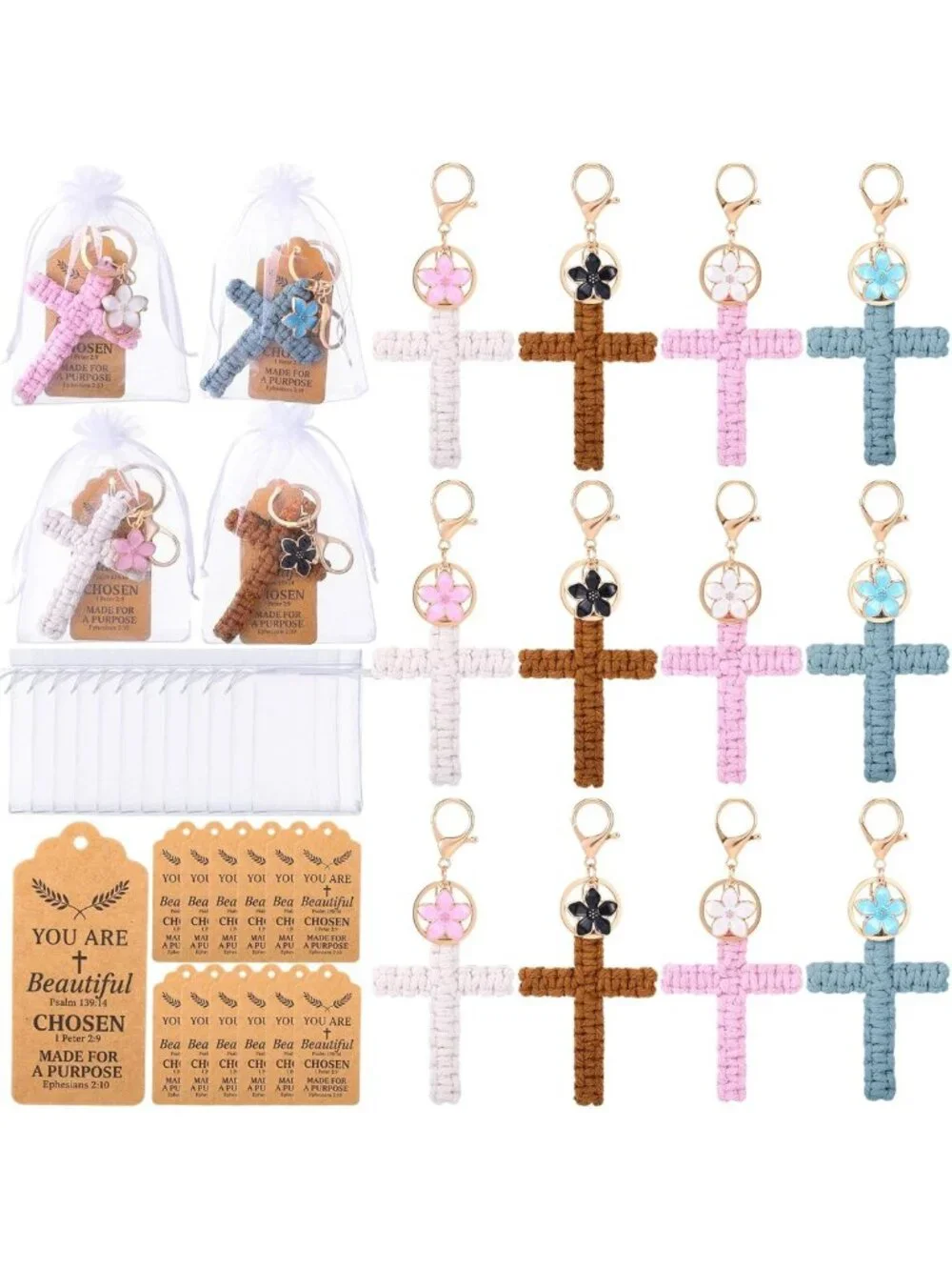 12 Macrame Cross Keychains Set with Inspirational Cards & Flower Charm - Boho